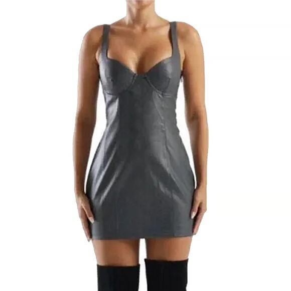 Naked Wardrobe Gray Corset Bustier Faux Leather Mini Dress Bodycon Party Date - Picture 1 of 9